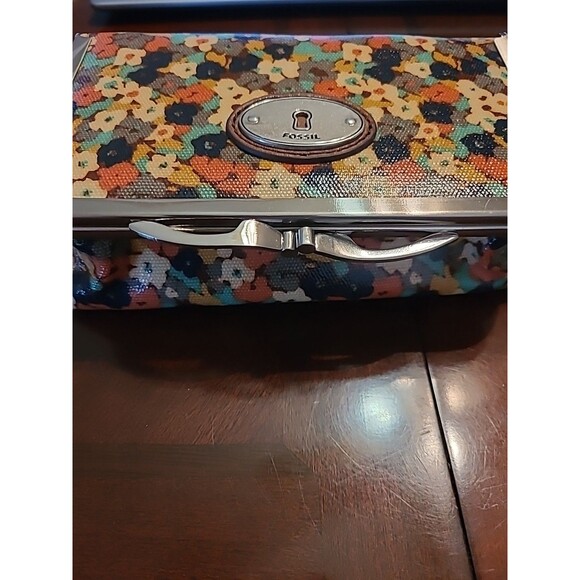 Fossil Key-per Poppy Floral Cosmetic Case Silver Kiss Lock Frame Mirror NWOT - Picture 9 of 9